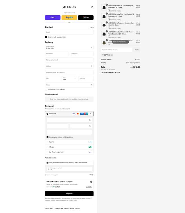 Afends checkout page showing Afends promo code box | Screenshot taken by SimplyCodes community member on Sep 3, 2025