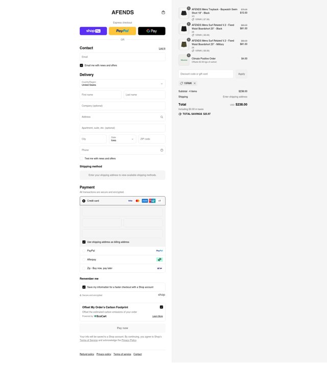 Afends checkout page showing Afends promo code box | Screenshot taken by SimplyCodes community member on Aug 26, 2025