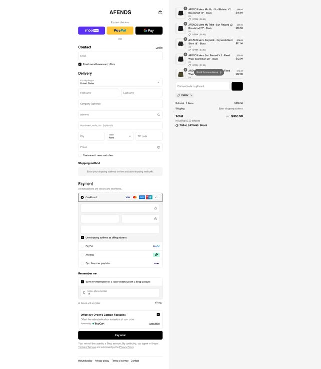 Afends checkout page showing Afends promo code box | Screenshot taken by SimplyCodes community member on Aug 17, 2025
