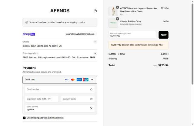 Afends checkout page showing Afends promo code box | Screenshot taken by SimplyCodes community member on Aug 25, 2025