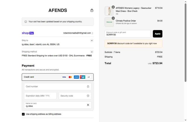 Afends checkout page showing Afends promo code box | Screenshot taken by SimplyCodes community member on Aug 25, 2025