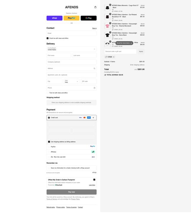 Afends checkout page showing Afends promo code box | Screenshot taken by SimplyCodes community member on Sep 12, 2025