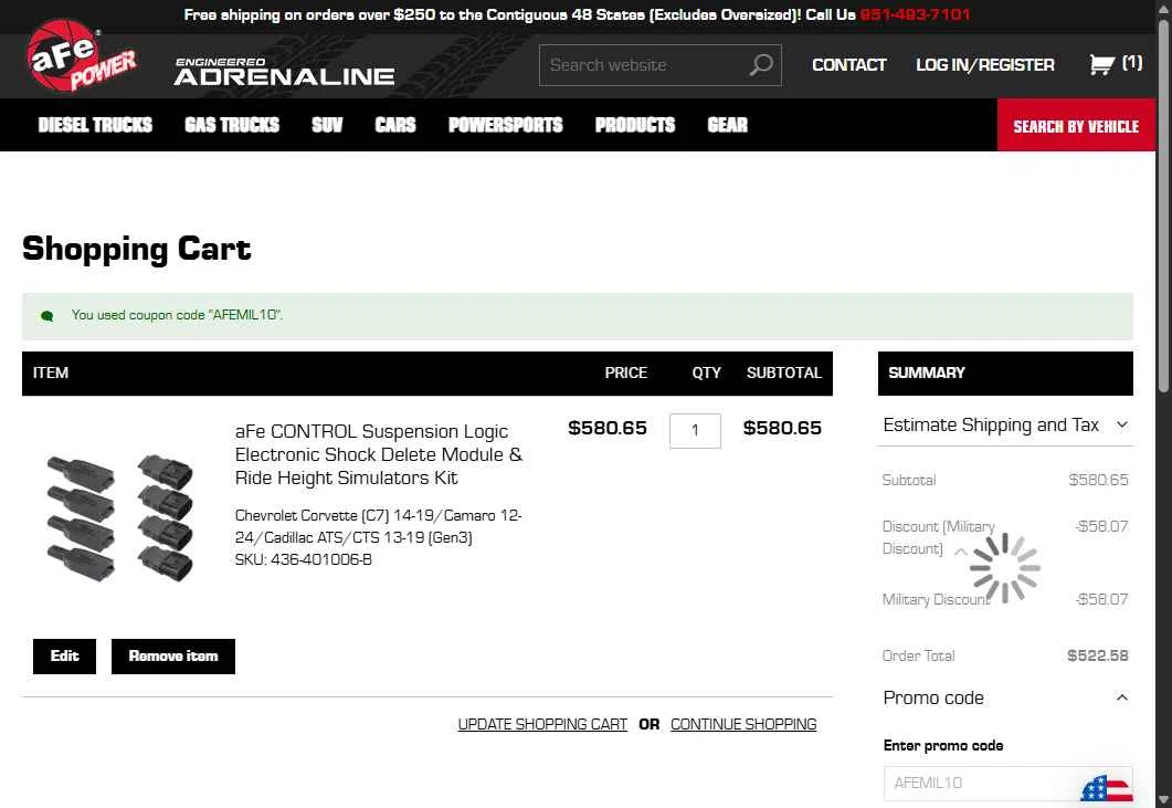 aFe Power checkout page showing aFe Power coupon code box | Screenshot taken by SimplyCodes community member on Aug 10, 2025