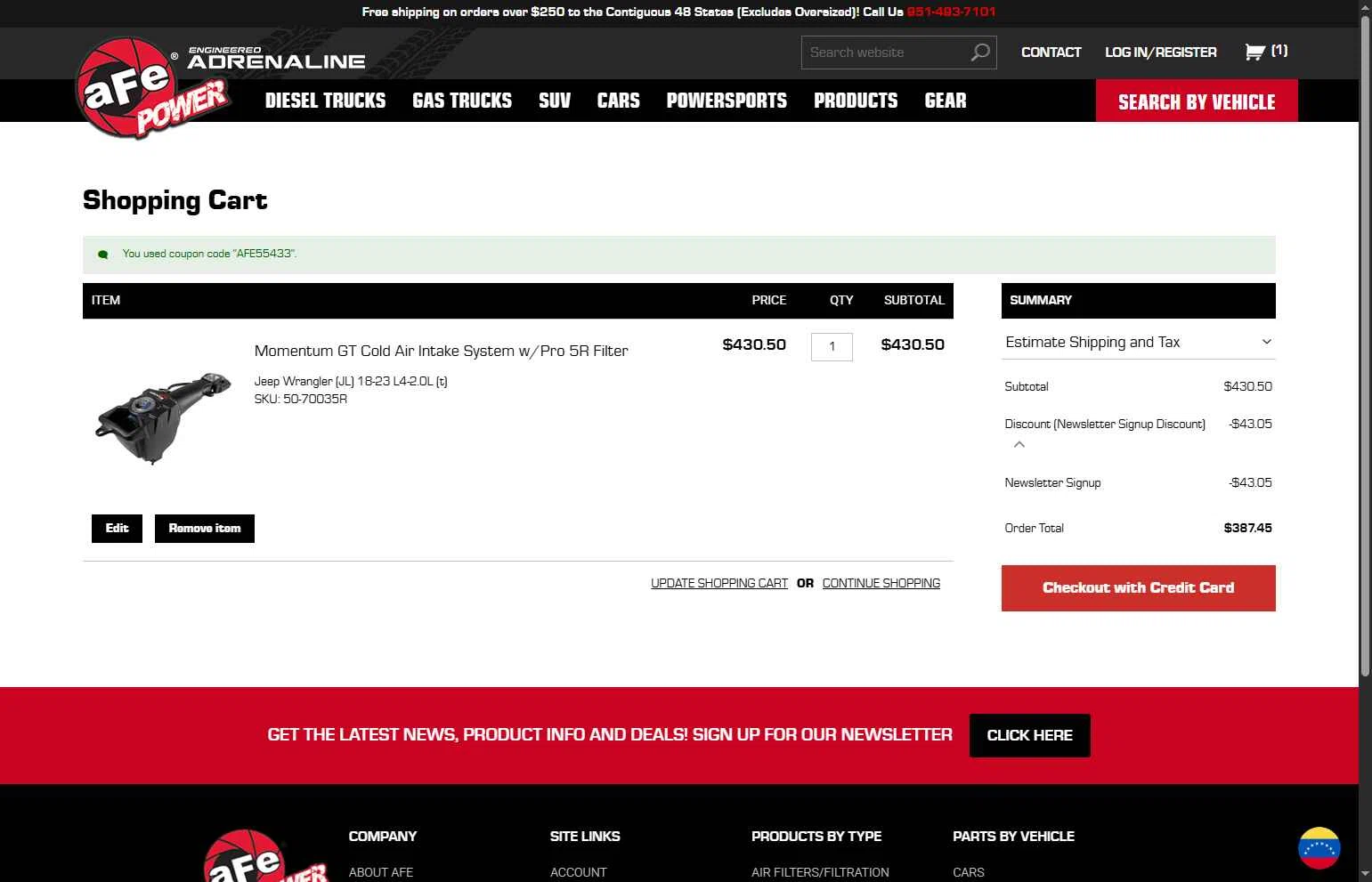 aFe Power checkout page showing aFe Power coupon code box | Screenshot taken by SimplyCodes community member on Feb 7, 2026