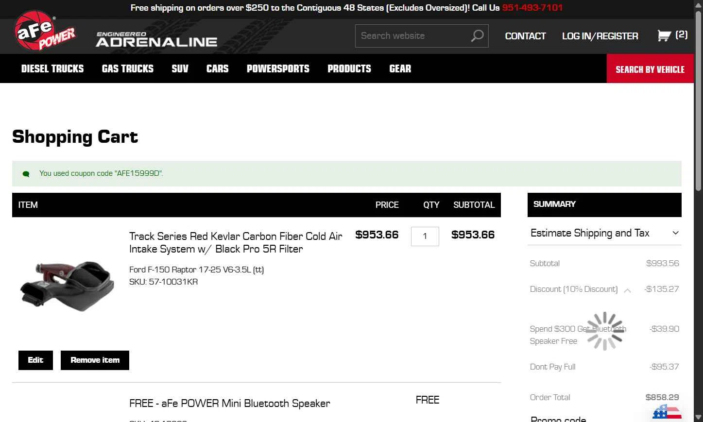 aFe Power checkout page showing aFe Power coupon code box | Screenshot taken by SimplyCodes community member on Aug 14, 2025