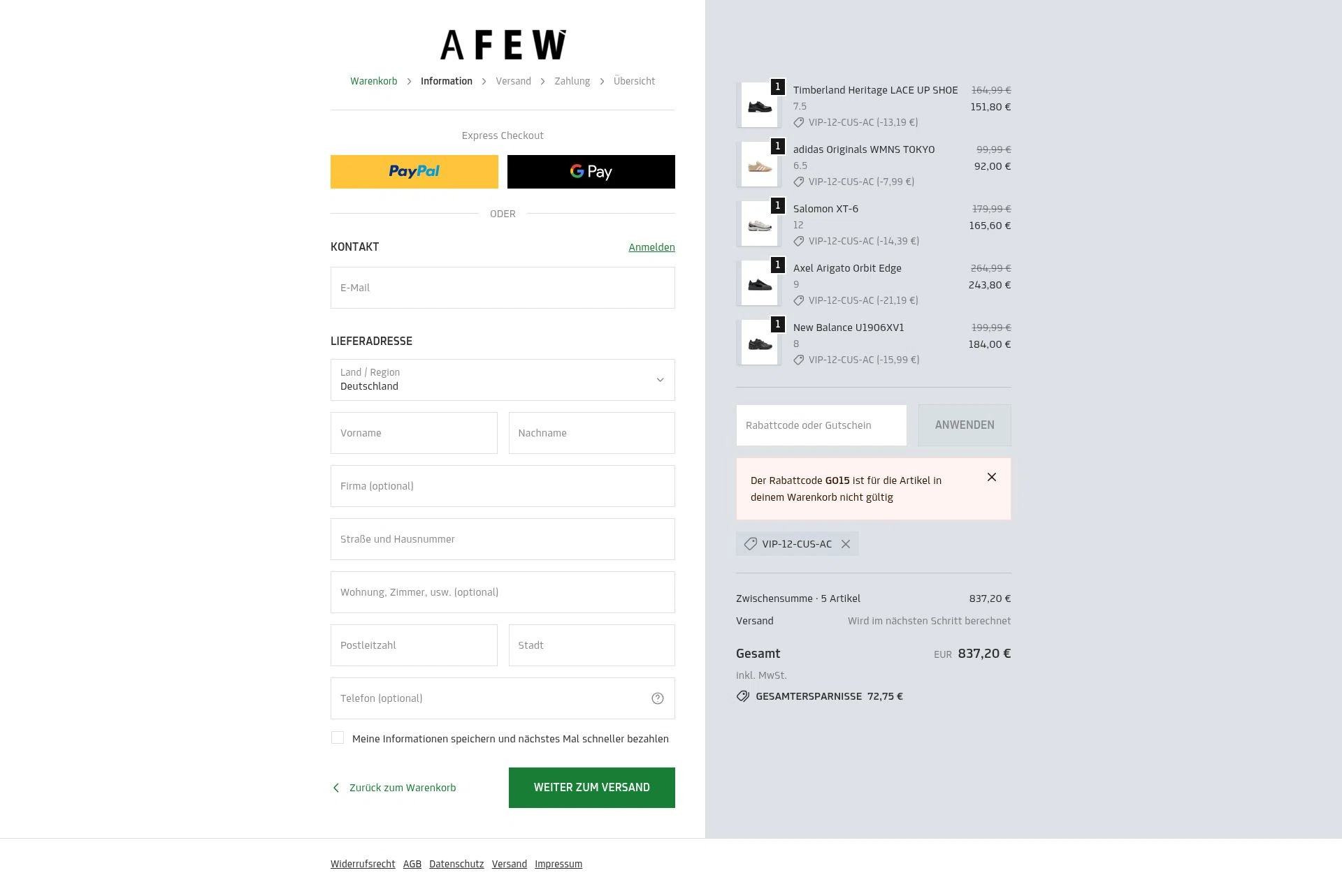 Afew Store checkout page showing Afew Store promo code box | Screenshot taken by SimplyCodes community member on Feb 17, 2026