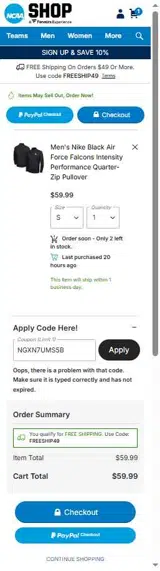 Air Force Falcons Fan Shop coupon verification screenshot