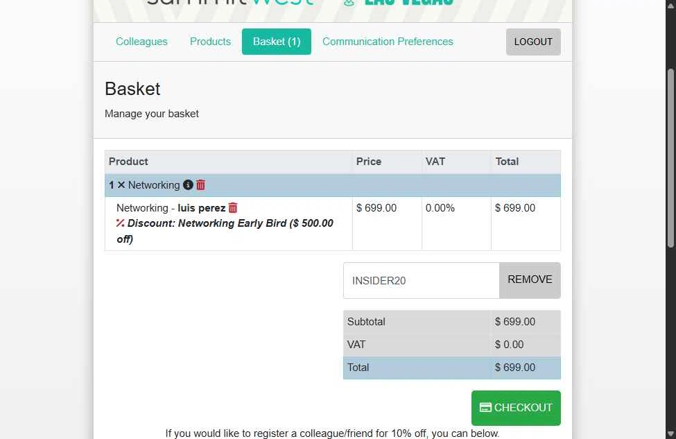 Affiliate Summit checkout page showing Affiliate Summit promo code box | Screenshot taken by SimplyCodes community member on Sep 26, 2025