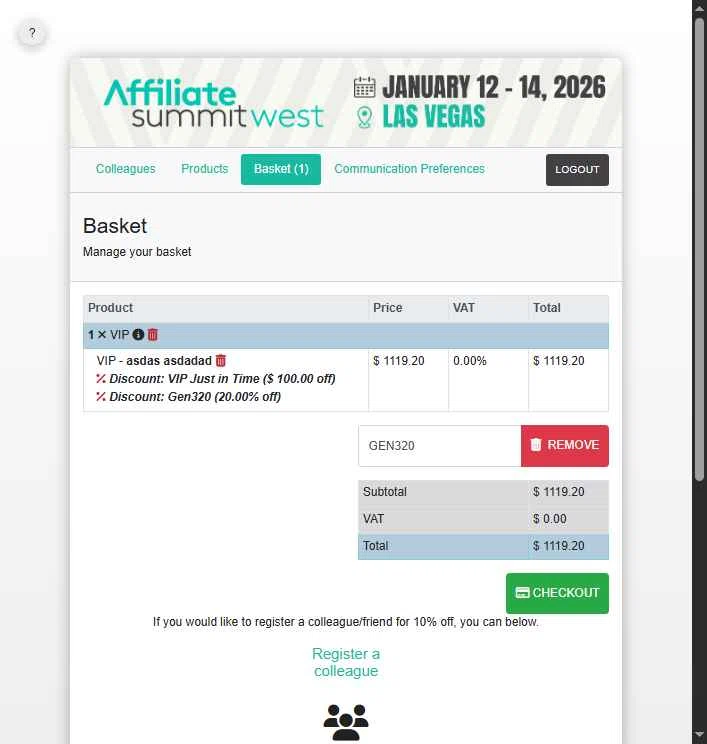 Affiliate Summit checkout page showing Affiliate Summit promo code box | Screenshot taken by SimplyCodes community member on Dec 8, 2025