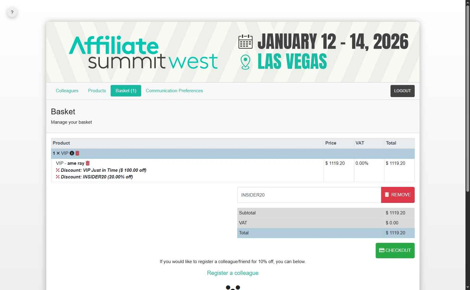 Affiliate Summit checkout page showing Affiliate Summit promo code box | Screenshot taken by SimplyCodes community member on Nov 23, 2025