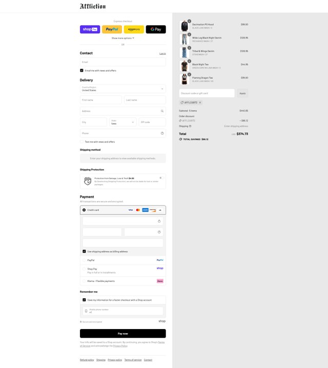 Affliction Clothing checkout page showing Affliction Clothing promo code box | Screenshot taken by SimplyCodes community member on Aug 27, 2025