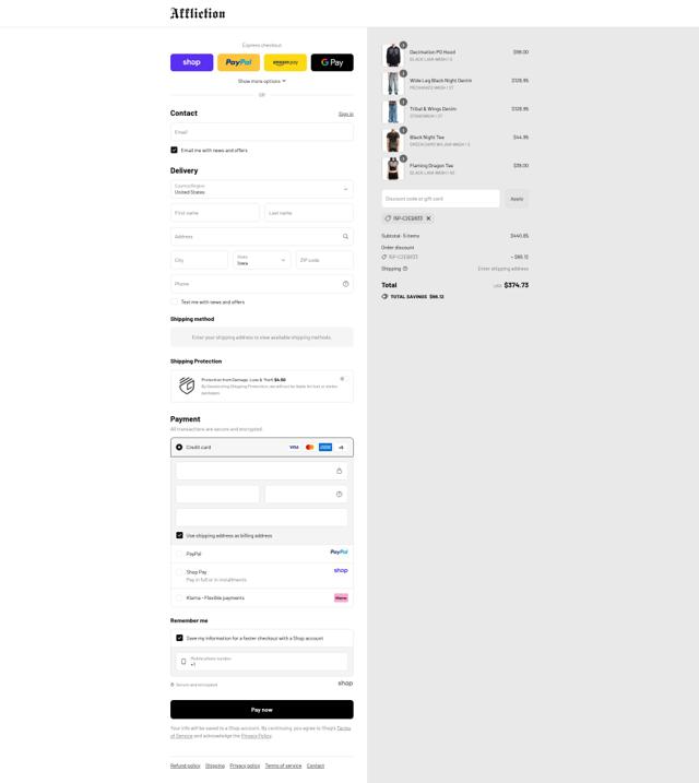 Affliction Clothing checkout page showing Affliction Clothing promo code box | Screenshot taken by SimplyCodes community member on Sep 12, 2025