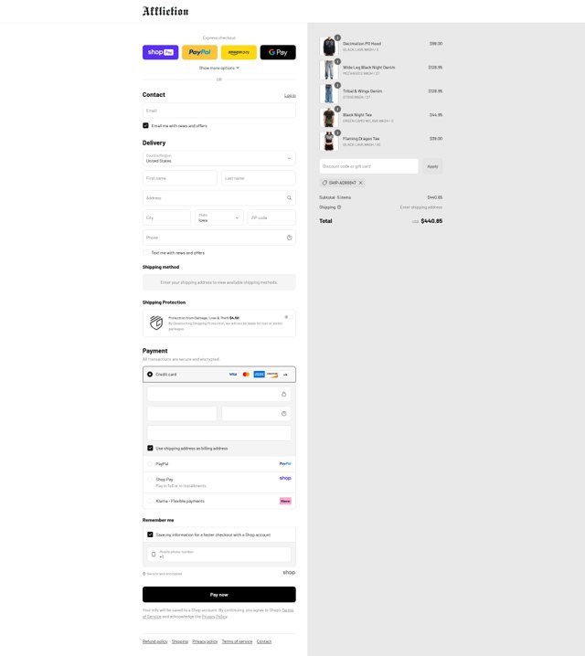 Affliction Clothing checkout page showing Affliction Clothing promo code box | Screenshot taken by SimplyCodes community member on Aug 27, 2025