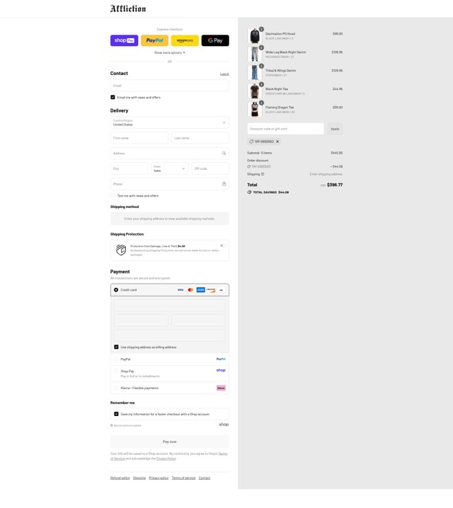 Affliction Clothing checkout page showing Affliction Clothing promo code box | Screenshot taken by SimplyCodes community member on Aug 27, 2025