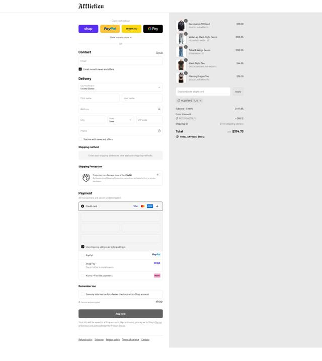 Affliction Clothing checkout page showing Affliction Clothing promo code box | Screenshot taken by SimplyCodes community member on Sep 12, 2025