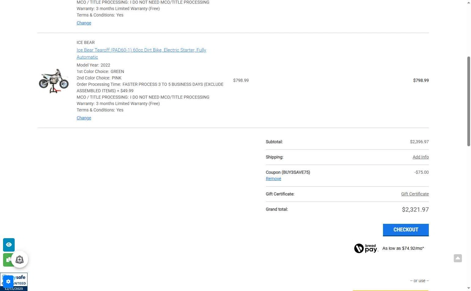 Affordable ATV checkout page showing Affordable ATV promo code box | Screenshot taken by SimplyCodes community member on Nov 12, 2025