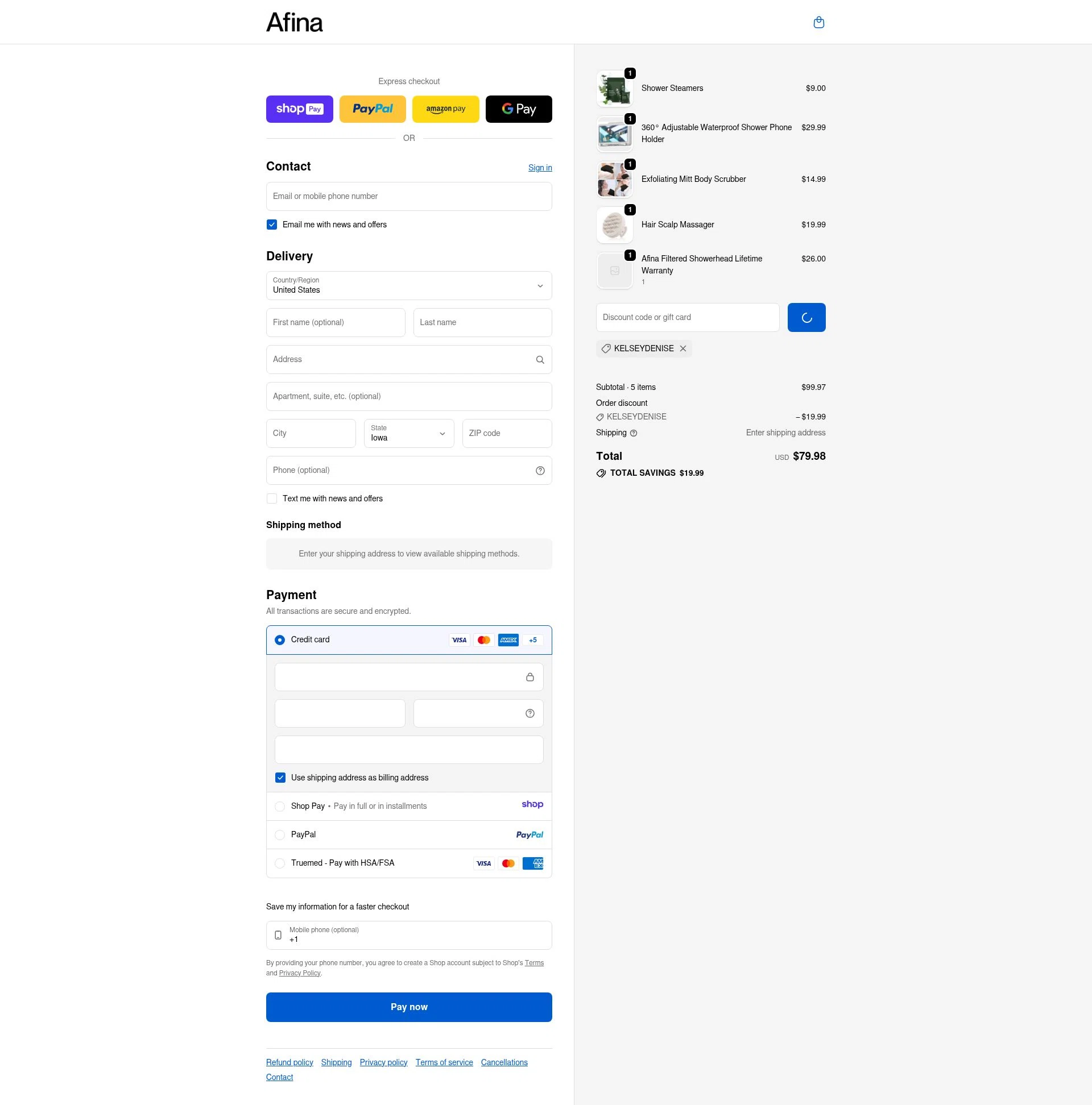 Afina Shower checkout page showing Afina Shower promo code box | Screenshot taken by SimplyCodes community member on Jan 10, 2026