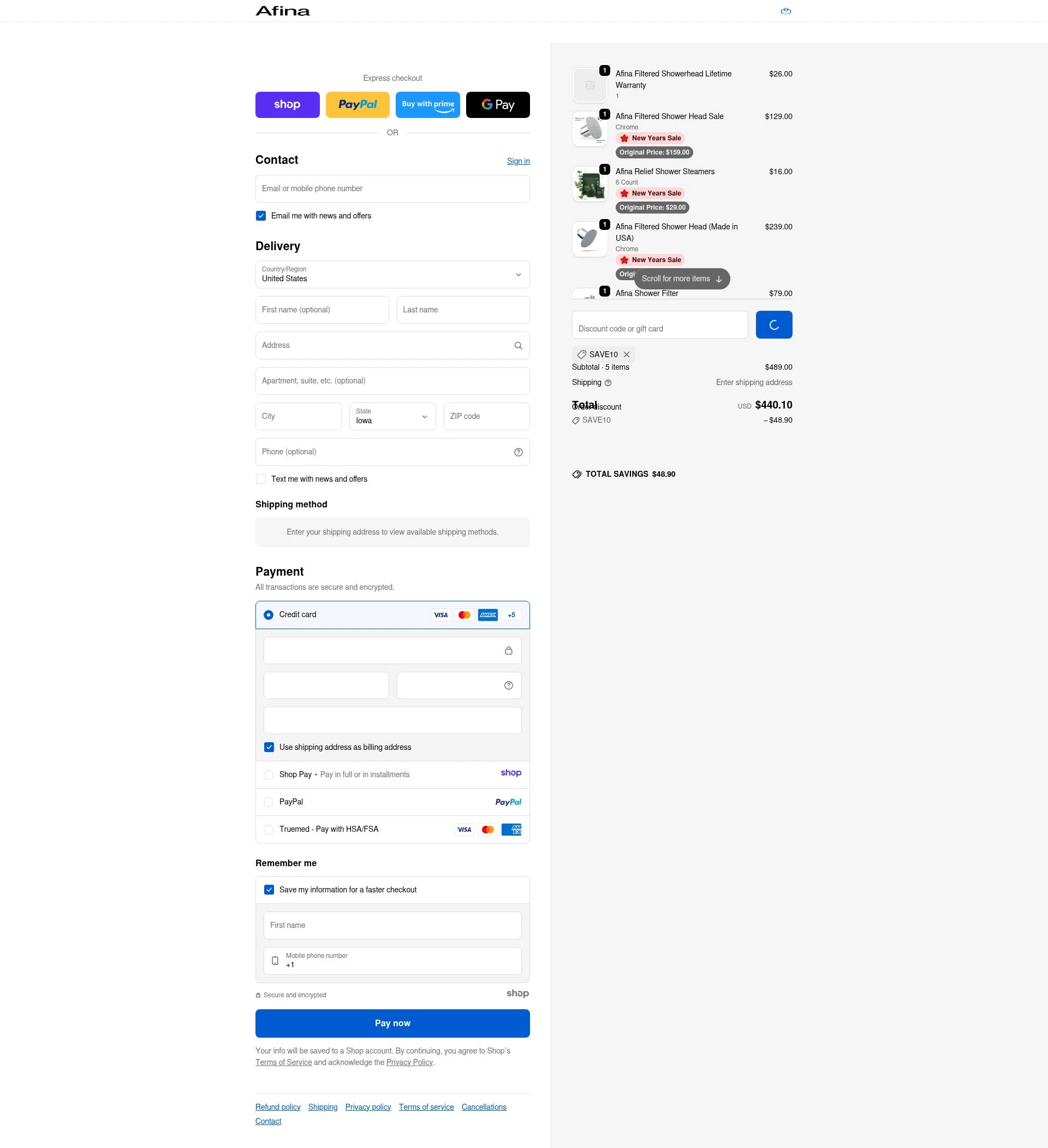 Afina Shower checkout page showing Afina Shower promo code box | Screenshot taken by SimplyCodes community member on Jan 4, 2026