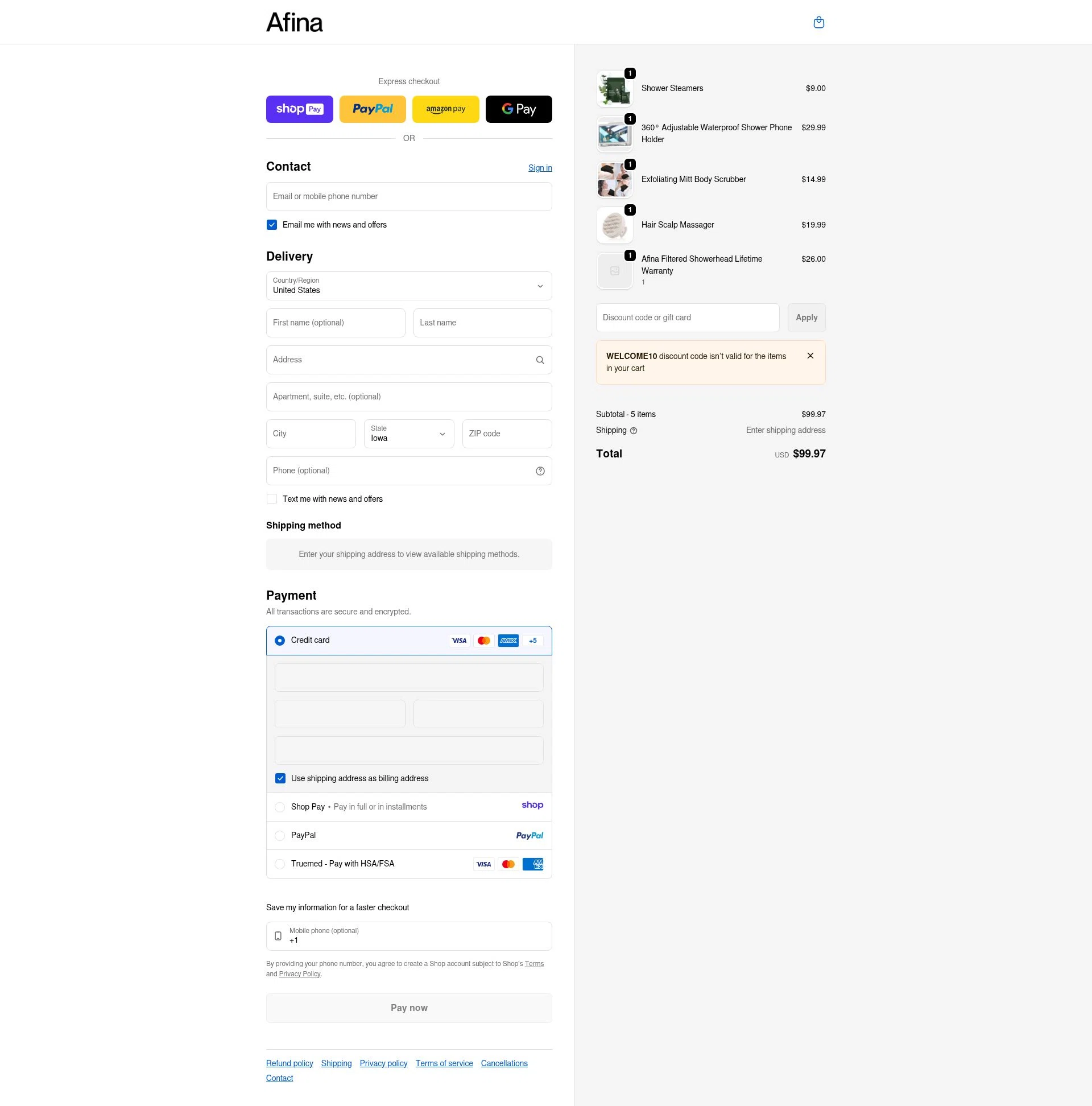 Afina Shower checkout page showing Afina Shower promo code box | Screenshot taken by SimplyCodes community member on Jan 10, 2026