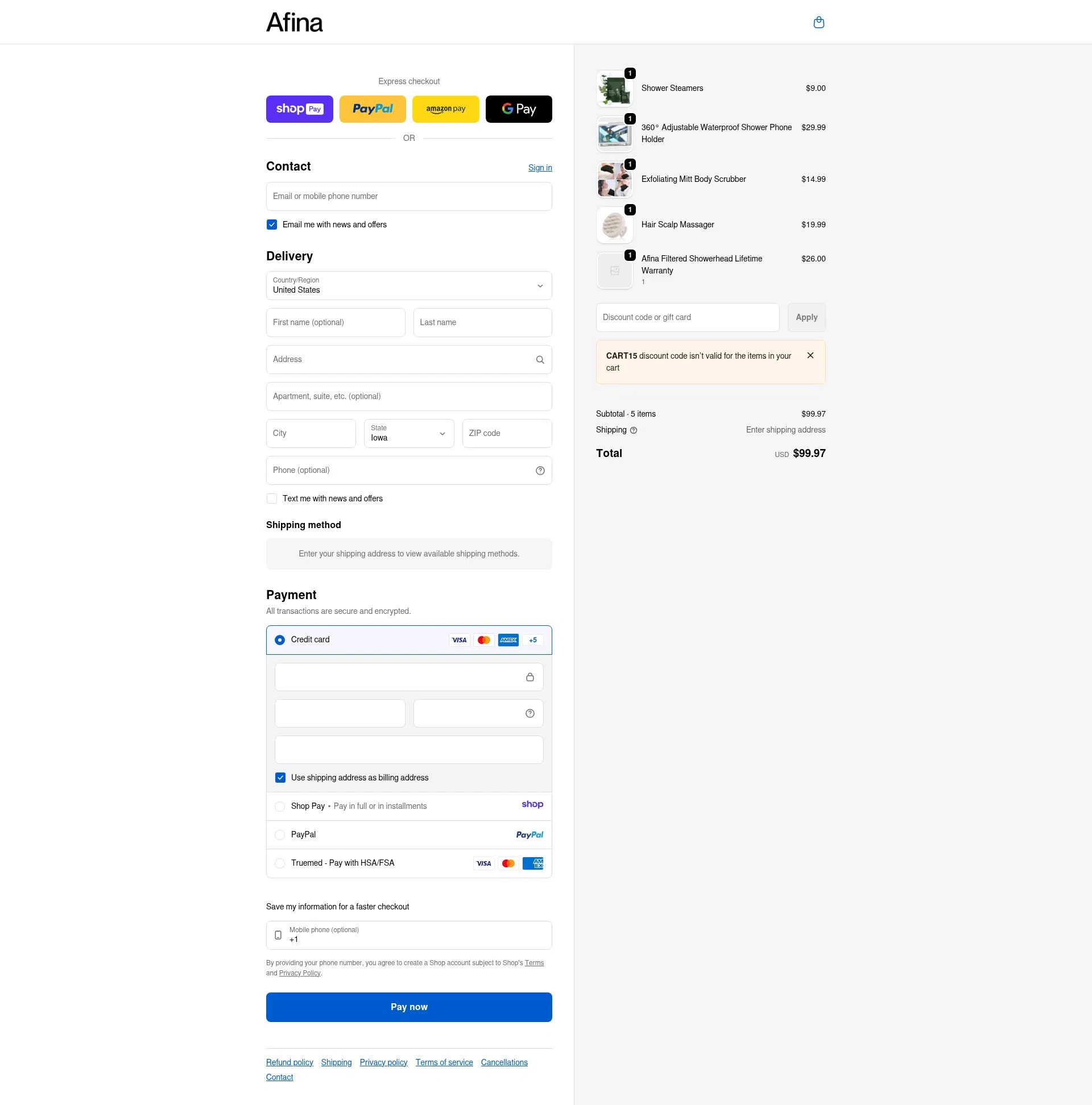 Afina Shower checkout page showing Afina Shower promo code box | Screenshot taken by SimplyCodes community member on Jan 10, 2026