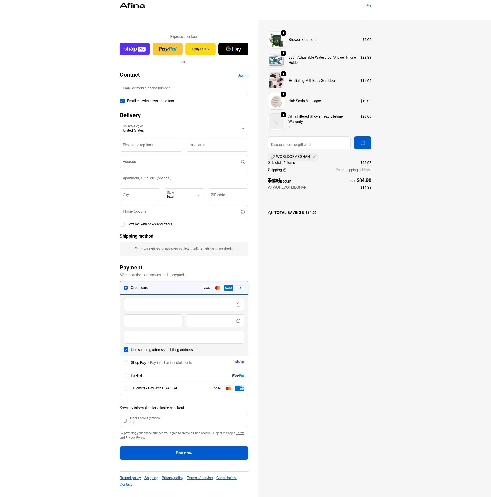 Afina Shower checkout page showing Afina Shower promo code box | Screenshot taken by SimplyCodes community member on Jan 10, 2026