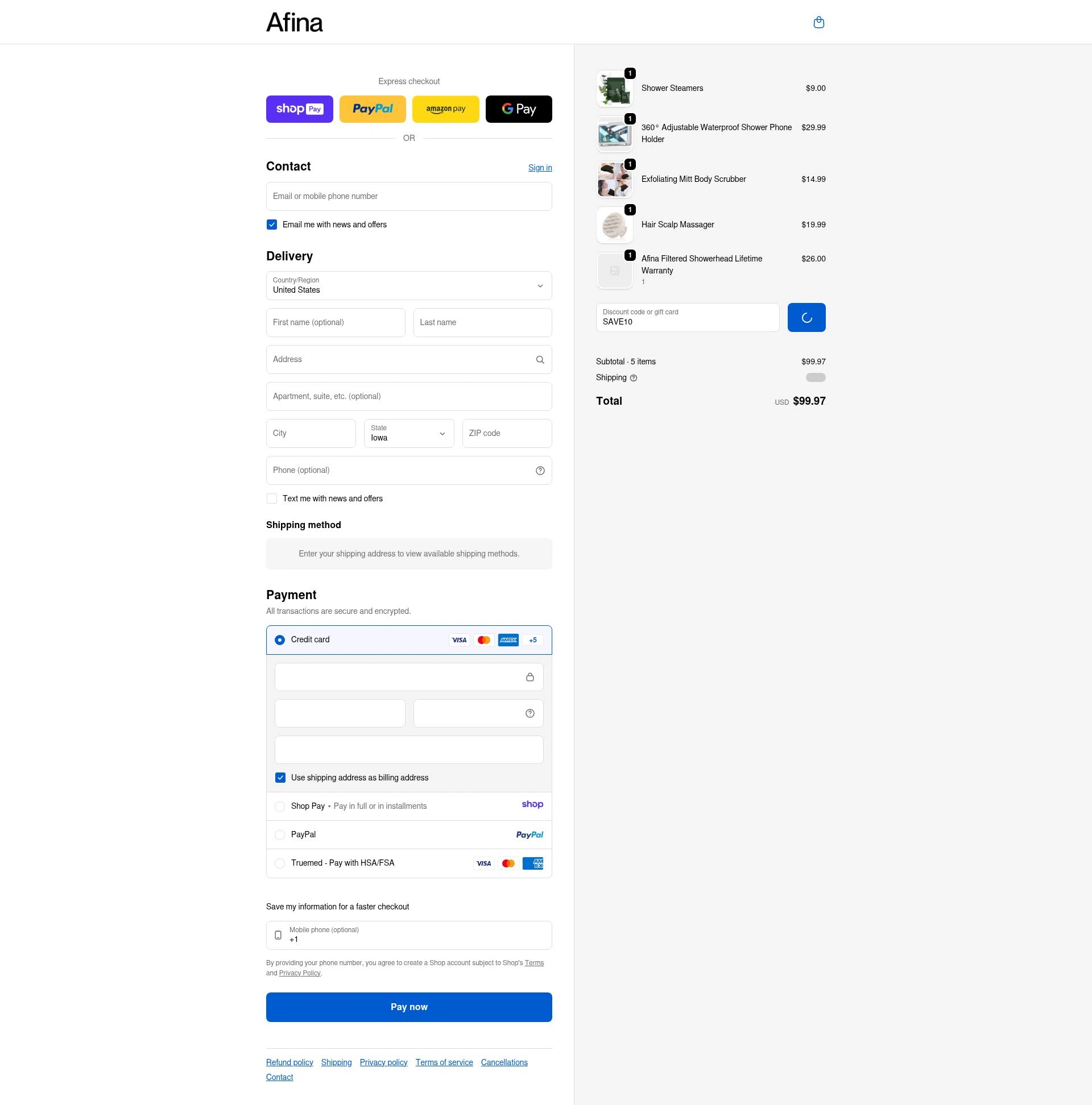 Afina Shower checkout page showing Afina Shower promo code box | Screenshot taken by SimplyCodes community member on Jan 10, 2026