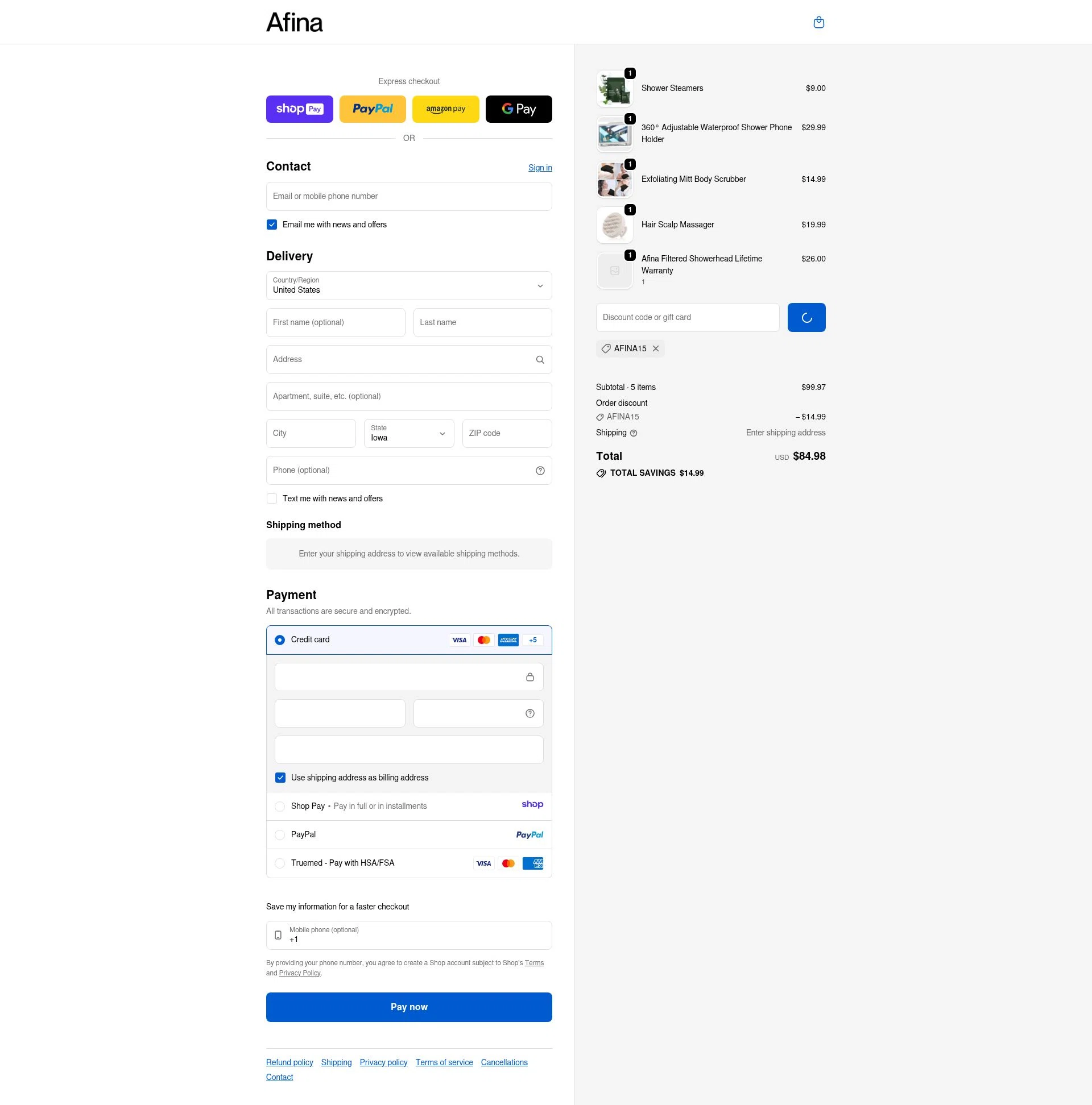 Afina Shower checkout page showing Afina Shower promo code box | Screenshot taken by SimplyCodes community member on Jan 10, 2026