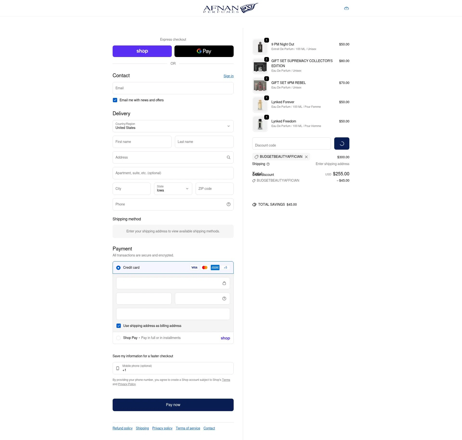 Afnan Perfumes USA checkout page showing Afnan Perfumes USA promo code box | Screenshot taken by SimplyCodes community member on Feb 24, 2026