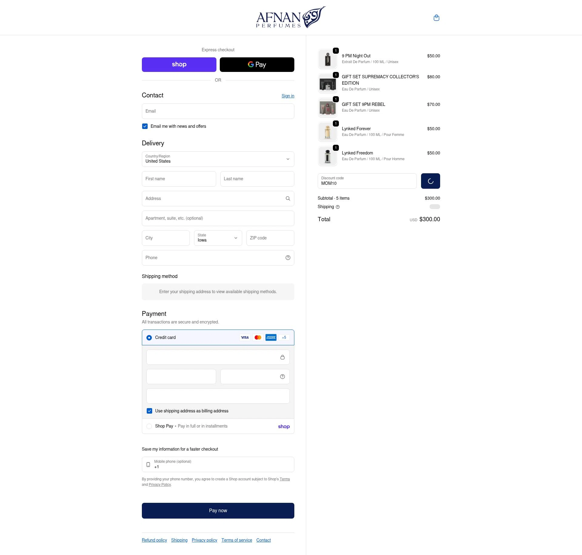 Afnan Perfumes USA checkout page showing Afnan Perfumes USA promo code box | Screenshot taken by SimplyCodes community member on Feb 24, 2026