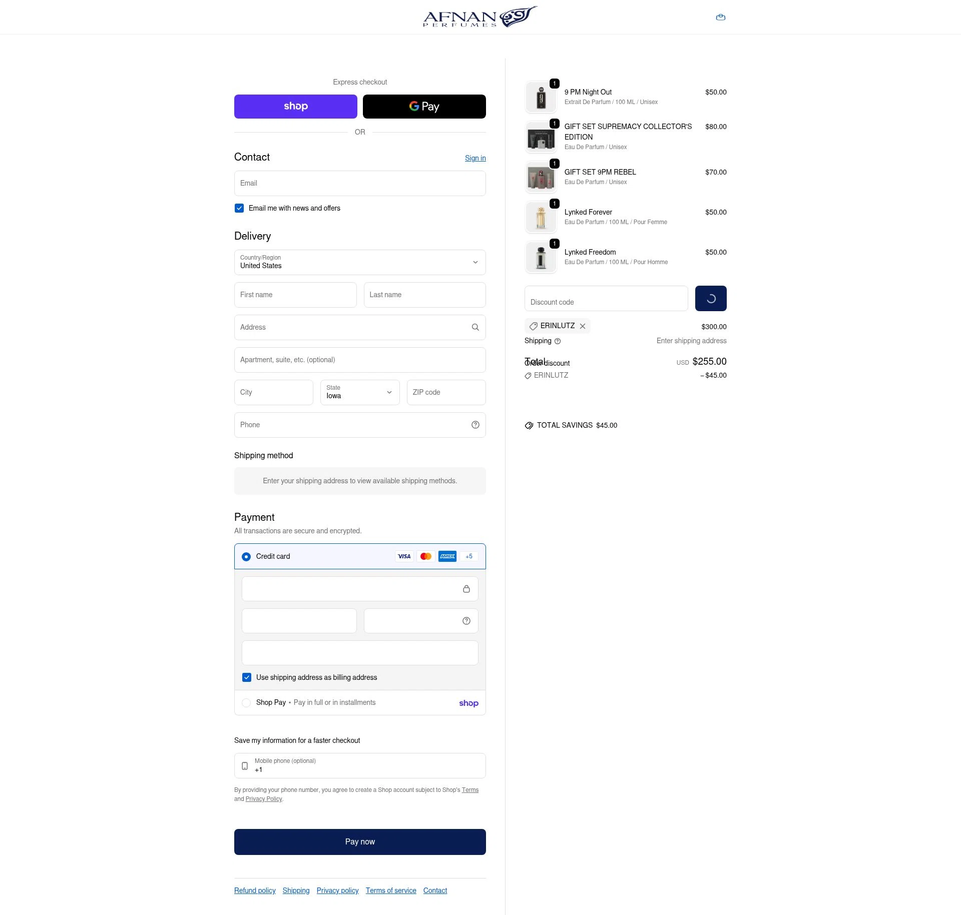 Afnan Perfumes USA checkout page showing Afnan Perfumes USA promo code box | Screenshot taken by SimplyCodes community member on Feb 24, 2026