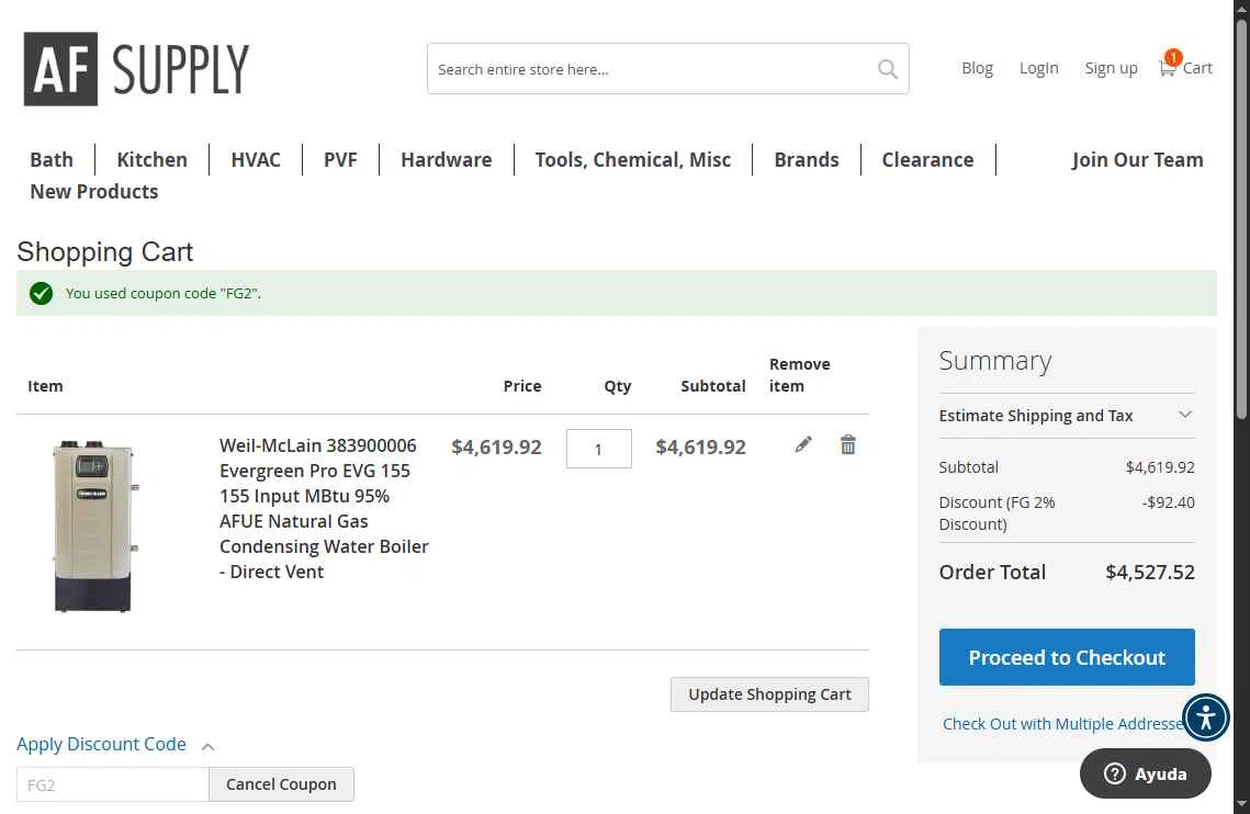 AF Supply checkout page showing AF Supply discount code box | Screenshot taken by SimplyCodes community member on Aug 18, 2025