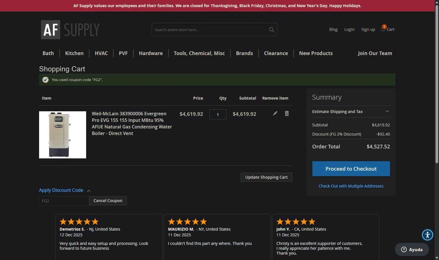 AF Supply checkout page showing AF Supply discount code box | Screenshot taken by SimplyCodes community member on Dec 12, 2025