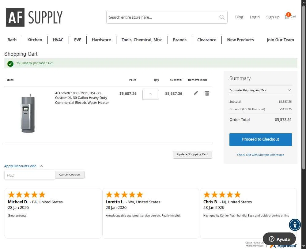 AF Supply checkout page showing AF Supply discount code box | Screenshot taken by SimplyCodes community member on Jan 29, 2026