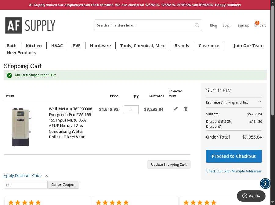 AF Supply checkout page showing AF Supply discount code box | Screenshot taken by SimplyCodes community member on Dec 31, 2025