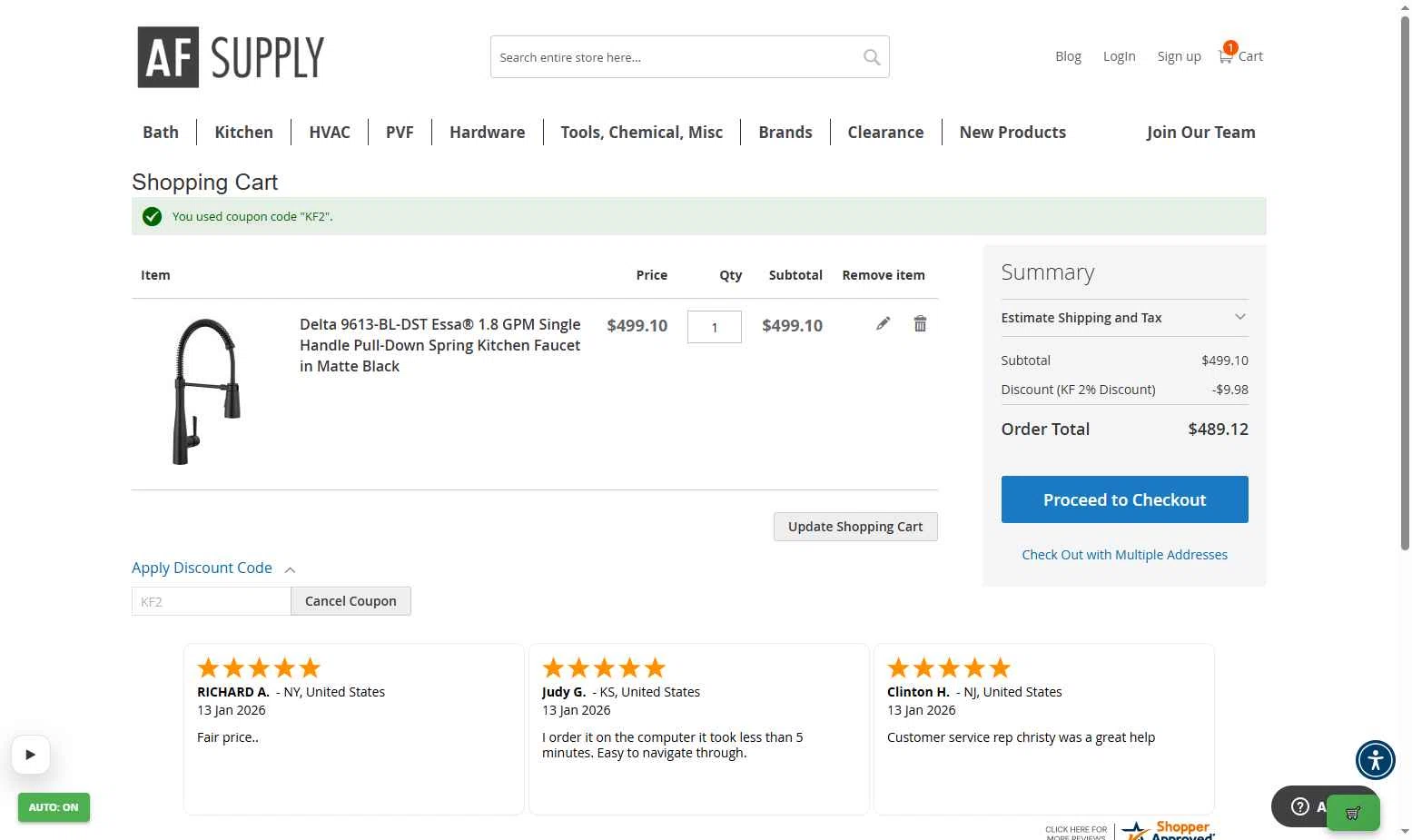 AF Supply checkout page showing AF Supply discount code box | Screenshot taken by SimplyCodes community member on Jan 14, 2026