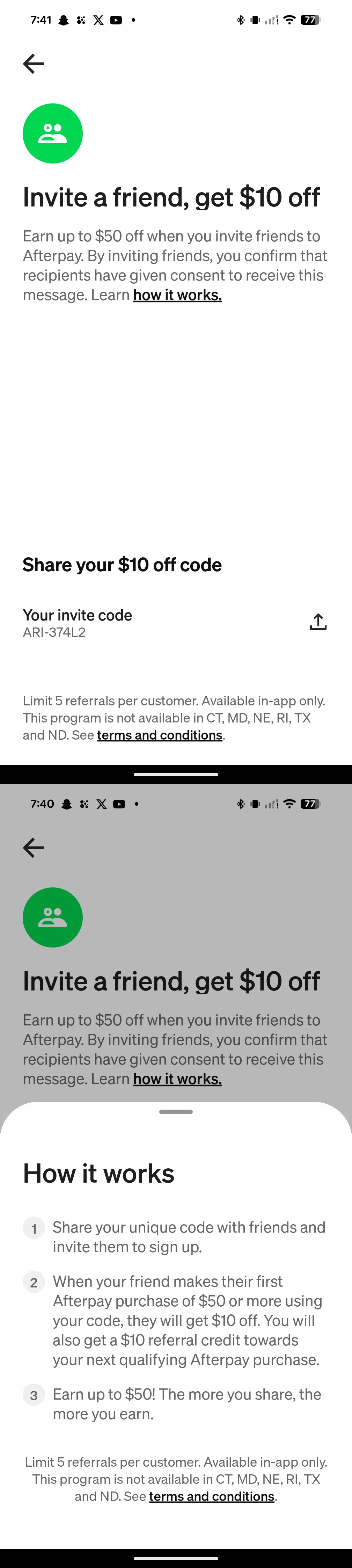 Afterpay promo code screenshot showing code ARI-374L2 applied at Afterpay checkout page. Uploaded by SimplyCodes community member younoknowme on Dec 27, 2025
