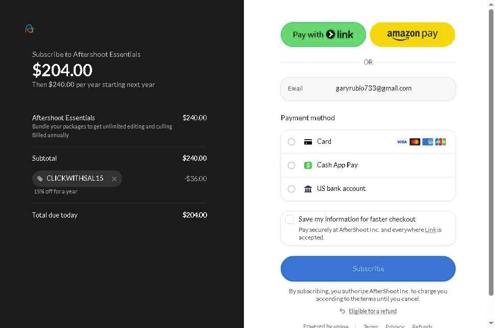 Aftershoot checkout page showing Aftershoot promo code box | Screenshot taken by SimplyCodes community member on Dec 24, 2025