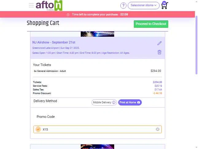 Afton Tickets checkout page showing Afton Tickets promo code box | Screenshot taken by SimplyCodes community member on Jul 15, 2025