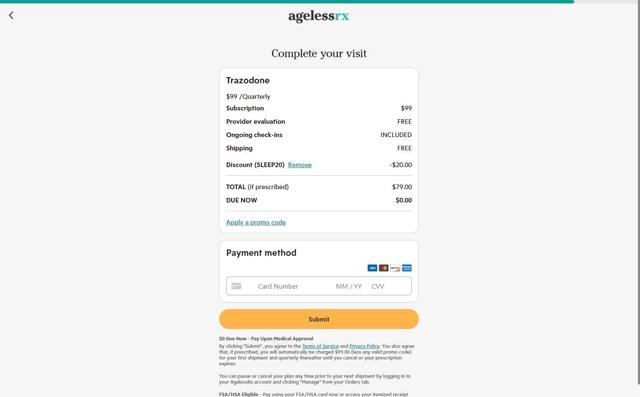 AgelessRx checkout page showing AgelessRx promo code box | Screenshot taken by SimplyCodes community member on Sep 10, 2025