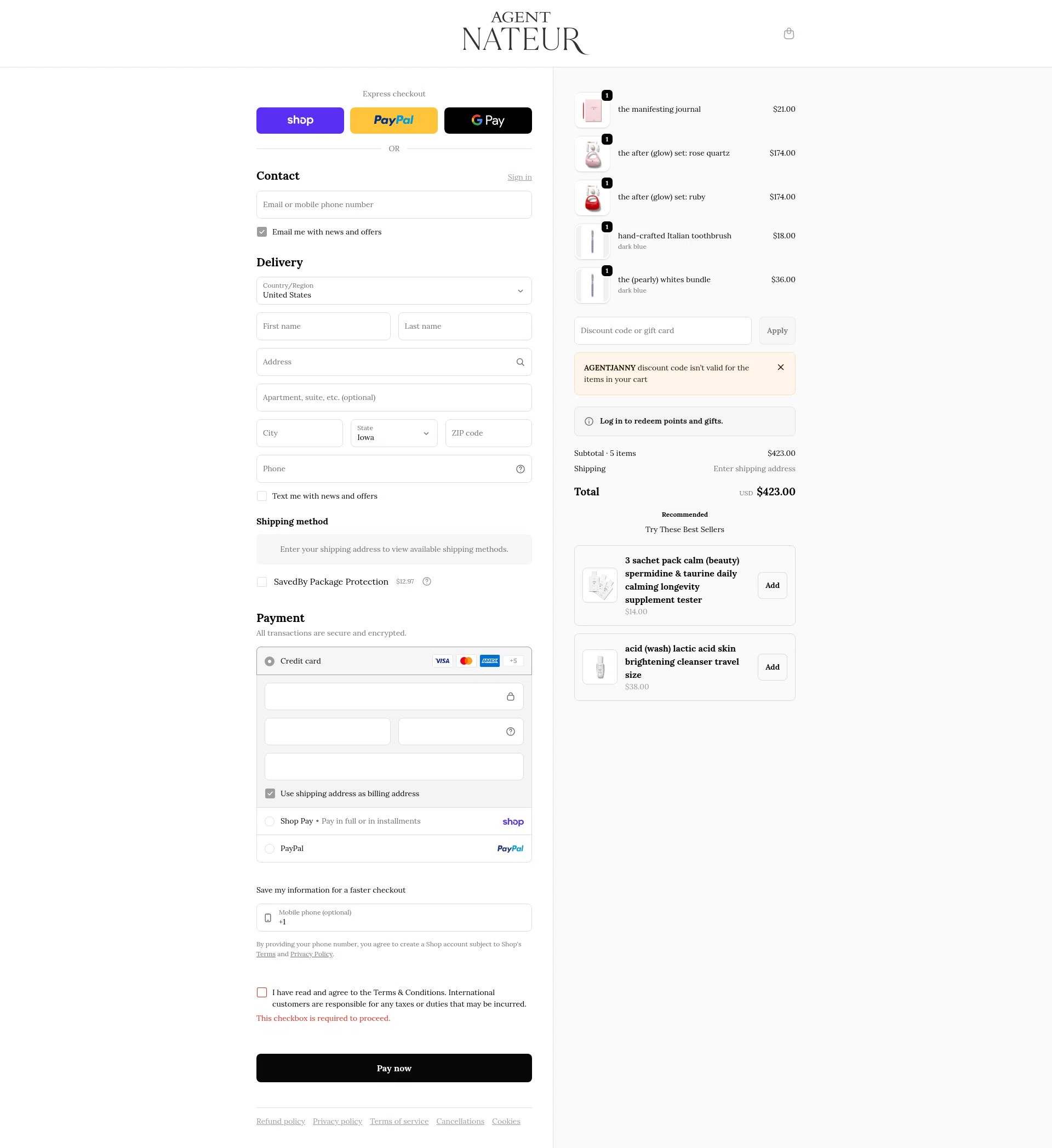 Agent Nateur checkout page showing Agent Nateur discount code box | Screenshot taken by SimplyCodes community member on Feb 20, 2026