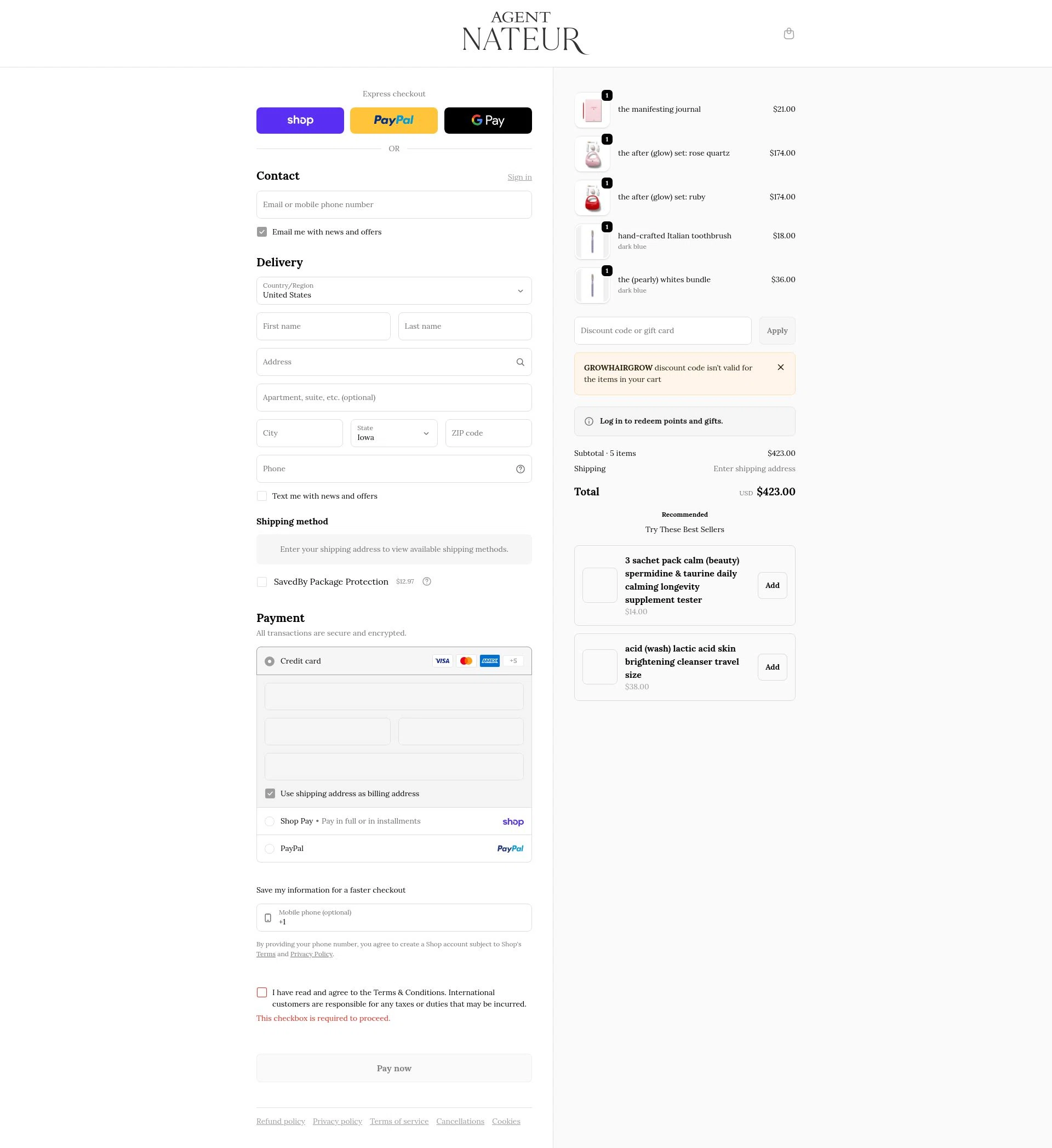 Agent Nateur checkout page showing Agent Nateur discount code box | Screenshot taken by SimplyCodes community member on Feb 20, 2026
