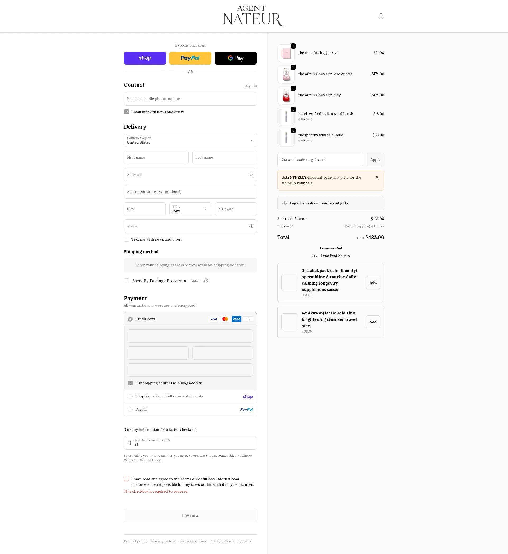 Agent Nateur checkout page showing Agent Nateur discount code box | Screenshot taken by SimplyCodes community member on Feb 20, 2026