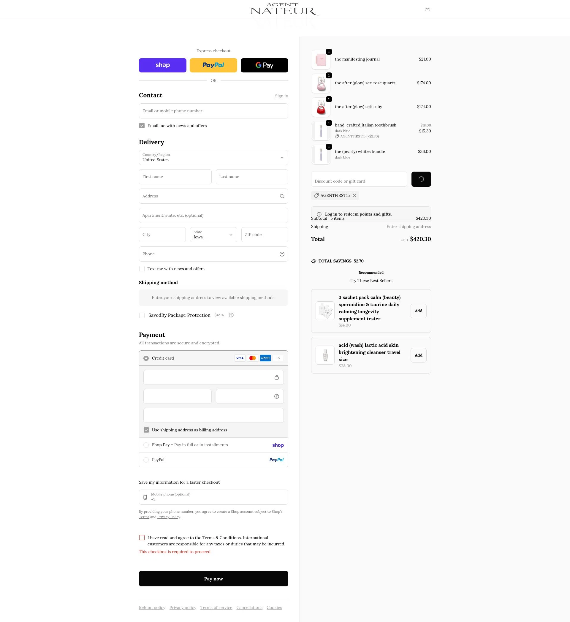 Agent Nateur checkout page showing Agent Nateur discount code box | Screenshot taken by SimplyCodes community member on Feb 20, 2026