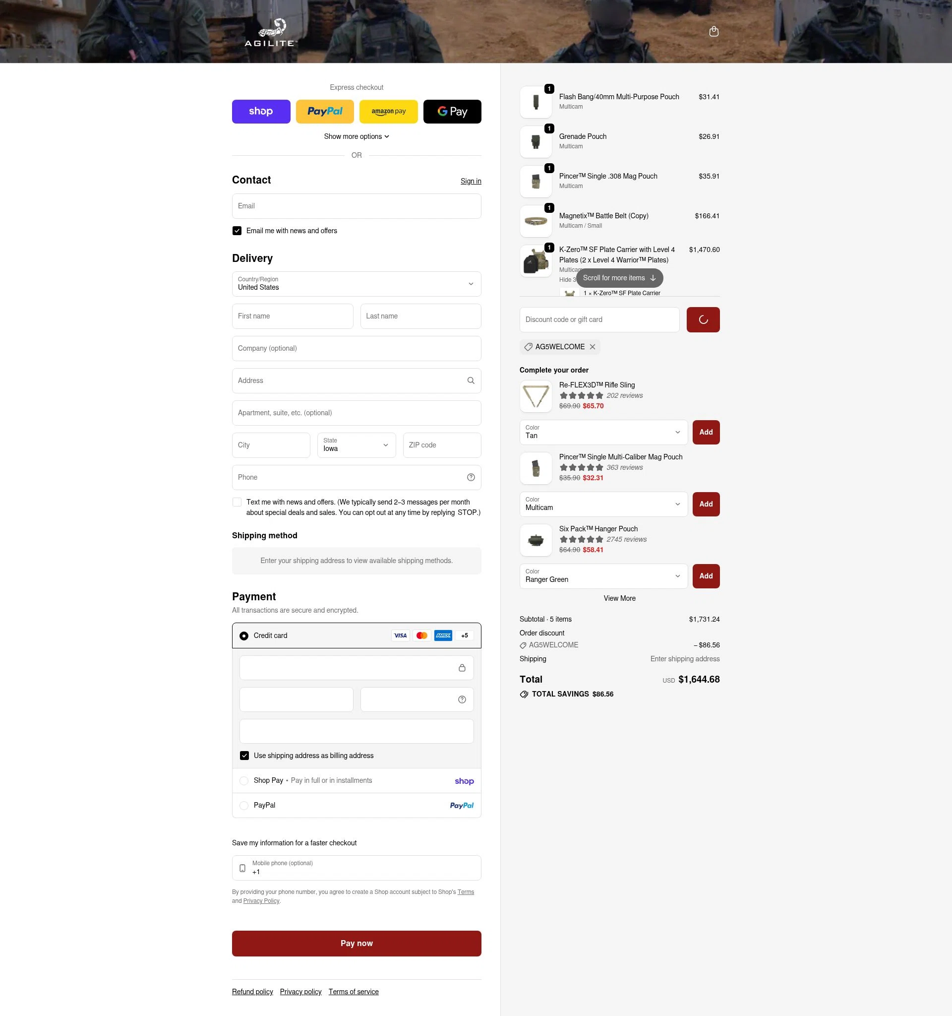 Agilite checkout page showing Agilite discount code box | Screenshot taken by SimplyCodes community member on Feb 15, 2026