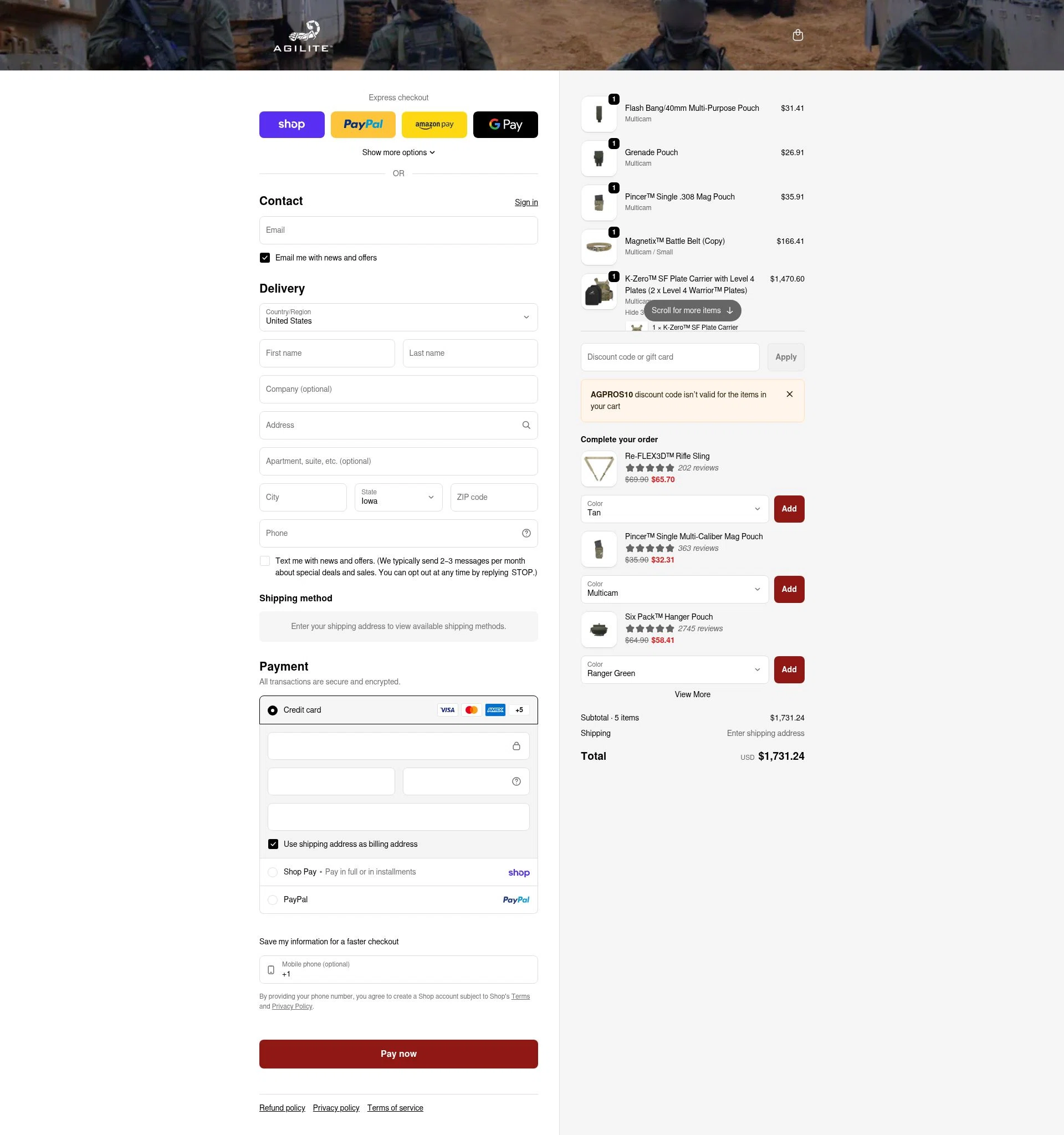 Agilite checkout page showing Agilite discount code box | Screenshot taken by SimplyCodes community member on Feb 15, 2026