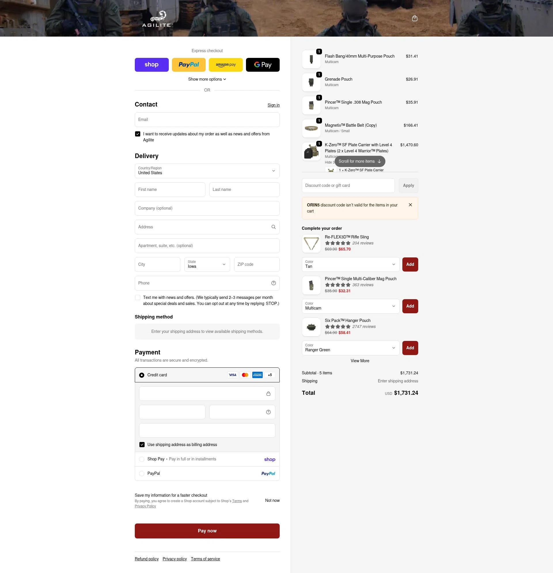 Agilite checkout page showing Agilite discount code box | Screenshot taken by SimplyCodes community member on Feb 17, 2026
