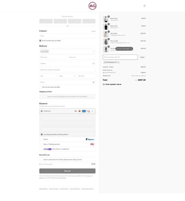 AG Jeans checkout page showing AG Jeans discount code box | Screenshot taken by SimplyCodes community member on Apr 7, 2025