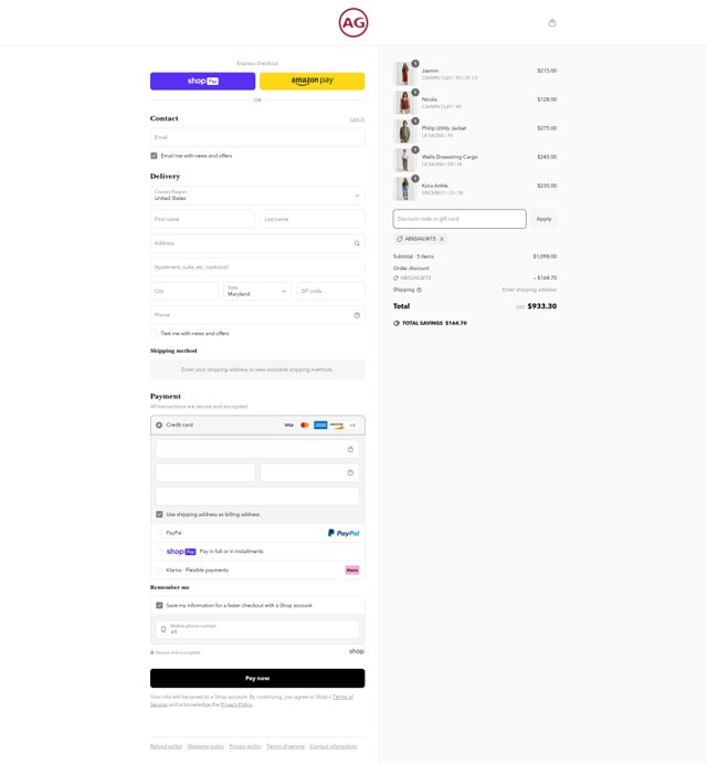 AG Jeans checkout page showing AG Jeans discount code box | Screenshot taken by SimplyCodes community member on Jun 21, 2025