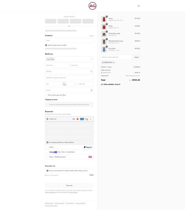 AG Jeans checkout page showing AG Jeans discount code box | Screenshot taken by SimplyCodes community member on Jun 30, 2025