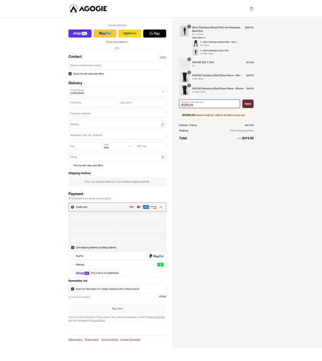 Agogie checkout page showing Agogie promo code box | Screenshot taken by SimplyCodes community member on May 21, 2025